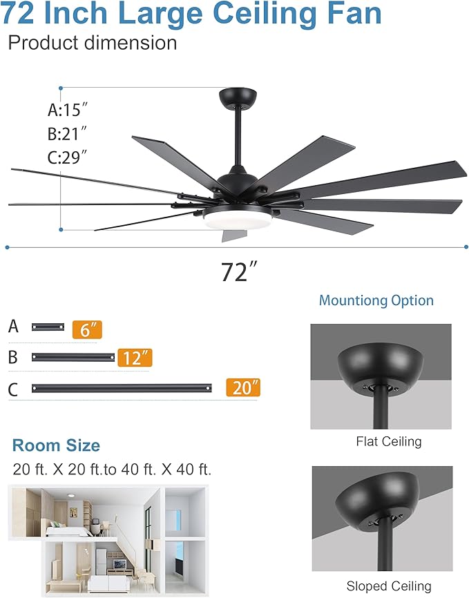 72 Inch Ceiling Fans with Lights,Large Modern Ceiling fan with Remote and 9 Wooden Blades,Dimmable,6 Speeds,Noiseless Reversible Indoor&Outdoor Fan for Bedroom,Patio,Living Room