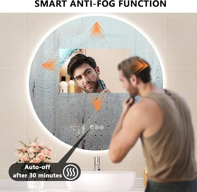 30'' Circle LED Mirror, Frameless Round Smart Mirror with Backlit & Half Moon Light, Anti-Fog, 3 Color Modes, Dimmable Wall-Mounted LED Vanity Mirrors for Bathroom, Bedroom, Entryway