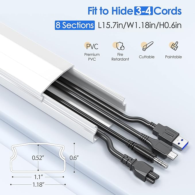 Yecaye 125in Cord Hider, Large Cord Covers for Wires on Wall, Cable Management Kit for Mount TVs, Wire Hider Cable Concealer for Home Office, W1.18in H0.6in, White