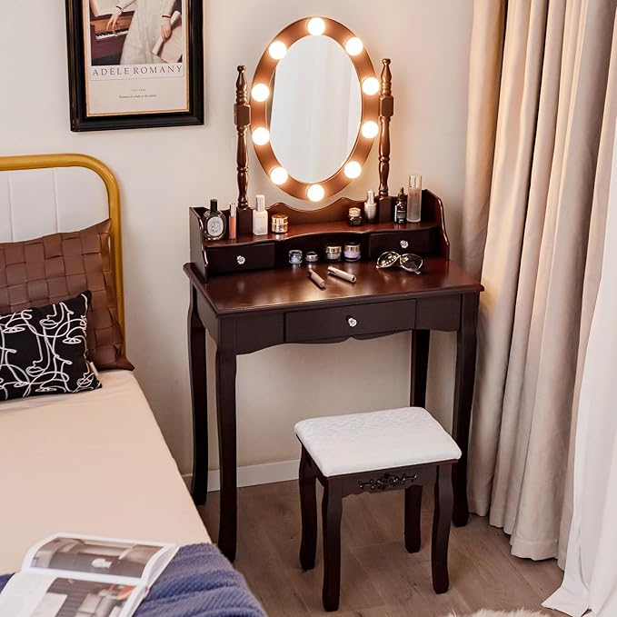 CHARMAID Girls Makeup Vanity Desk with Lights, Vanity Table with Lighted Mirror, 3 Lighting Modes, Adjustable Brightness, Modern Makeup Table with 3 Drawers and Stool for Small Space (Espresso)