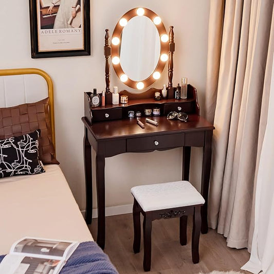 CHARMAID Girls Makeup Vanity Desk with Lights, Vanity Table with Lighted Mirror, 3 Lighting Modes, Adjustable Brightness, Modern Makeup Table with 3 Drawers and Stool for Small Space (Espresso)
