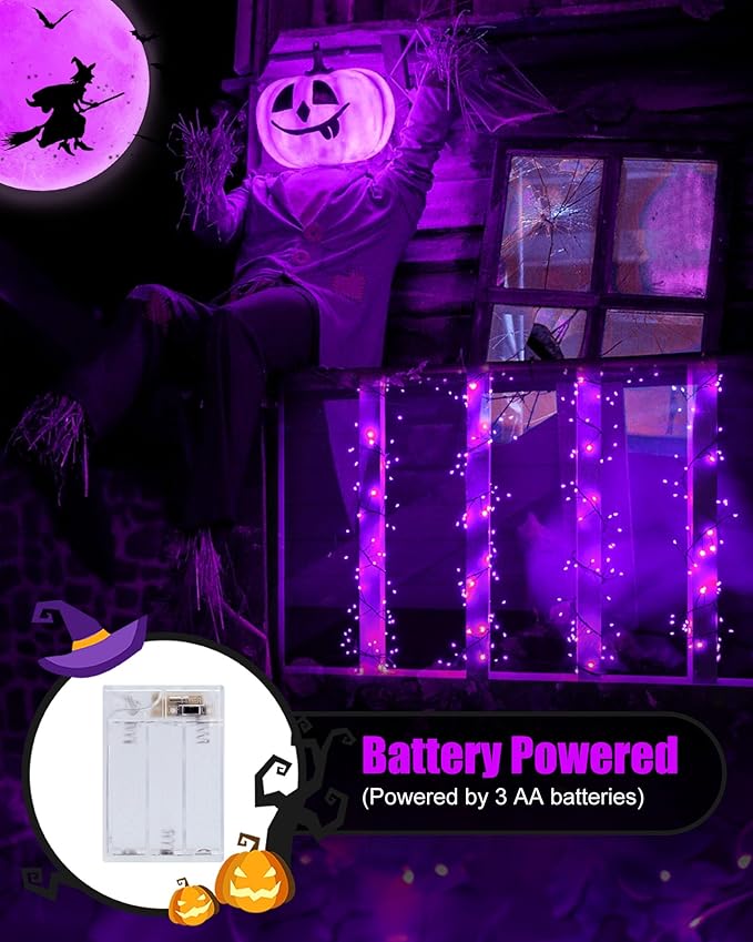 Halloween Fairy Lights Battery Operated, 10 Feet 120LEDs Firecracker String Lights Waterproof Silver Wire Starry Firefly Light for Bedroom Home Haunted House Indoor Outdoor Holiday Decorations, Purple