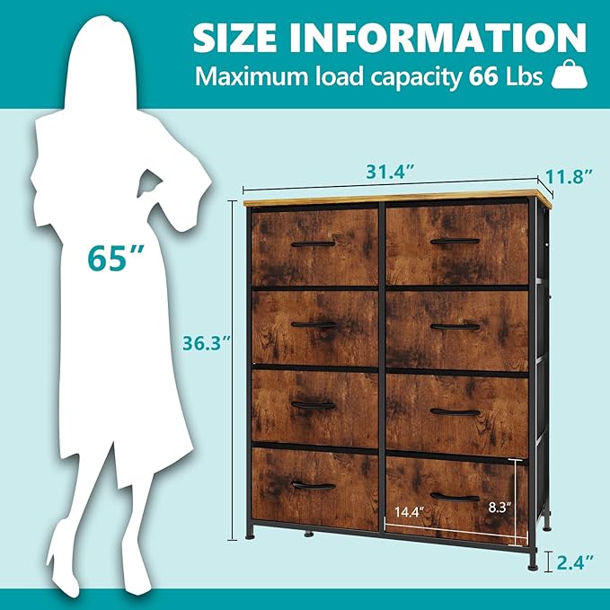OLIXIS Dresser for Bedroom, 8 Storage Drawers, Tall Large Fabric Storage Tower Organizer, Chest of Drawers with Metal Frame Wooden Top for Nursery, Closet, Living Room, Entryway, Classic Rust Brown