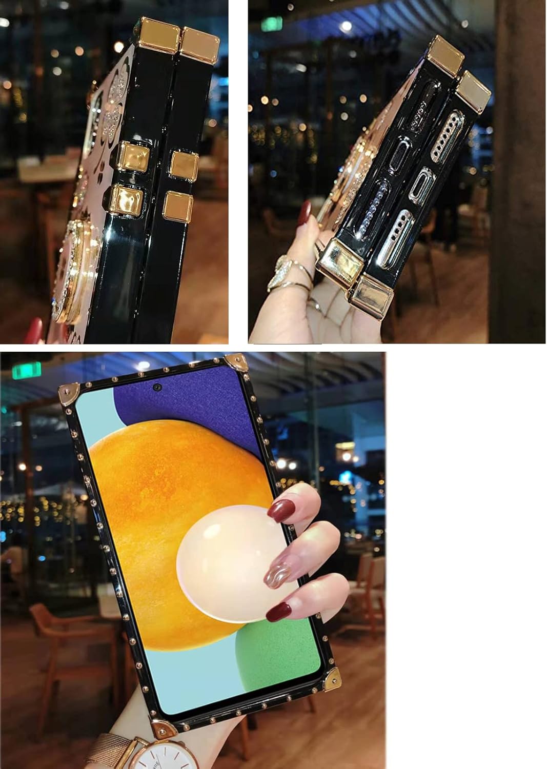Samsung Galaxy S21 Ultra Bling Case, Gold Fashion Square Bling Diamond Glitter Soft Trunk Cover with Ring Holder