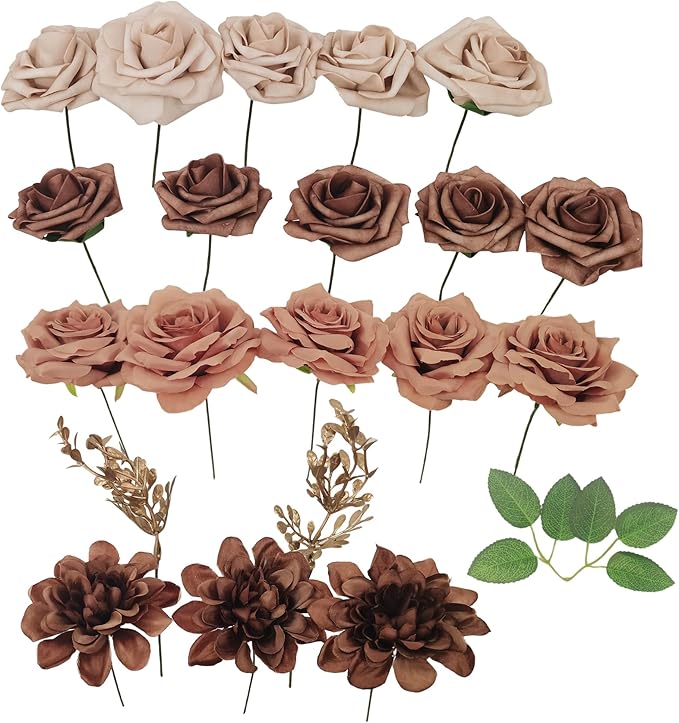 Artificial Fake Flowers 20pcs Roses, Mixed Coffee Brown Faux Flower for DIY Wedding Bouquet Bridal Shower Centerpieces Floral Arrangements Party Table Home Decorations