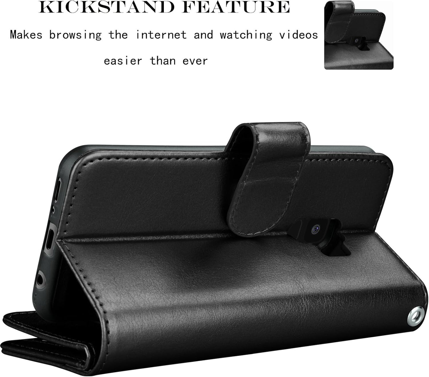 NJJEX PU Leather Wallet Case for Galaxy S9, Magnetic Folio Flip Cover, 9 Card Slots, Kickstand, Wrist Lanyard, Black