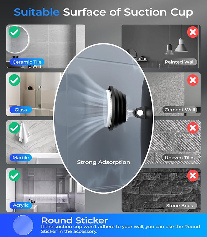 Gospire Heated Shower Mirror Fogless for Shaving with Light, 5000mAh Rechargeable Battery, Detachable Suction Cup and Razor Holder for Wall, NO-Drilling, Removable, Waterproof for Bathroom - Black