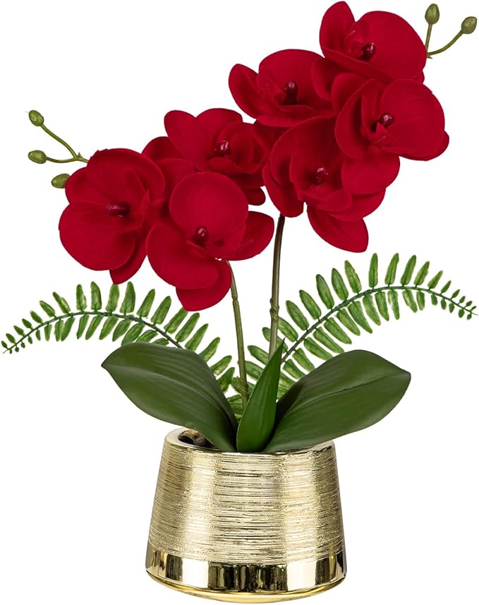 White Orchids Artificial Flowers in Gold Pot Faux Phaleanopsis Orchid Bonsia Fake Orchid Centerpiece for Dining Room Table