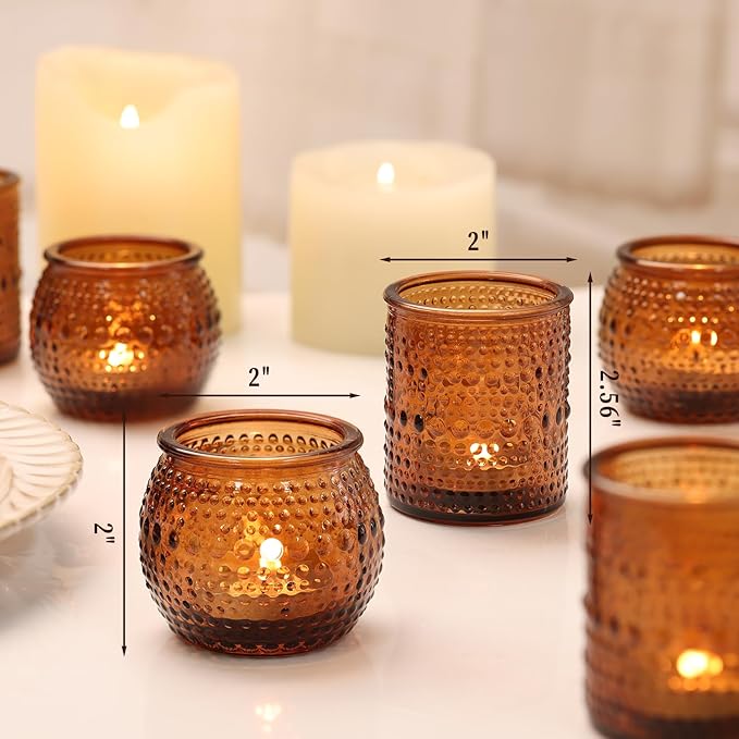 16 Pcs Assorted Amber Candle Holders- Amber Tealight Candle Holder for Fall Wedding Decor, Votive Candle Holders for Fall Home Decorations, Vintage Table Decor
