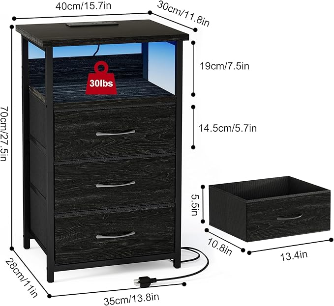 Fixwal Night Stand with Charging Station, LED Nightstand with Fabric Drawers, End Table with PU Finish, Bed Side Table, Black Oak