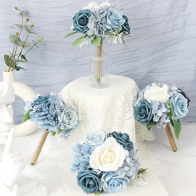 Artificial Bridesmaids Bouquets Set of 4 - 7 inch Silk Rose Bouquets for Bridesmaids, Pre-made Bridesmaid Flowers Small Bouquet for Wedding Vintage Country Bridal Shower Decorations -Dusty Blue