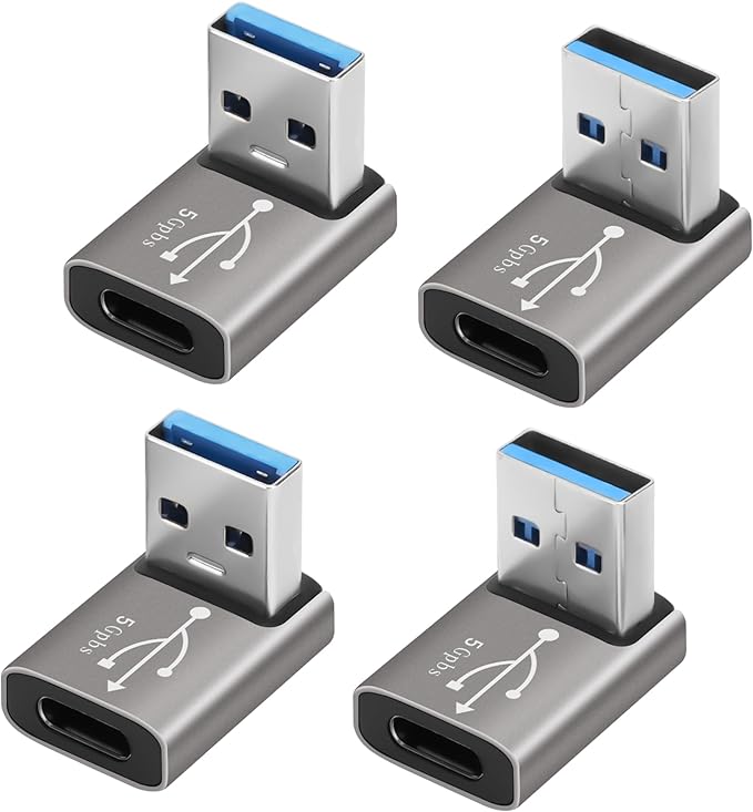 90 Degree USB to USB C Adapter 4 Pack, Up and Down Right Angle USB C Female to A Male Charger Connector Converter USB L Shape Extender, Support Charge & Data Sync for PC, Laptop, Mouse, Keyboard