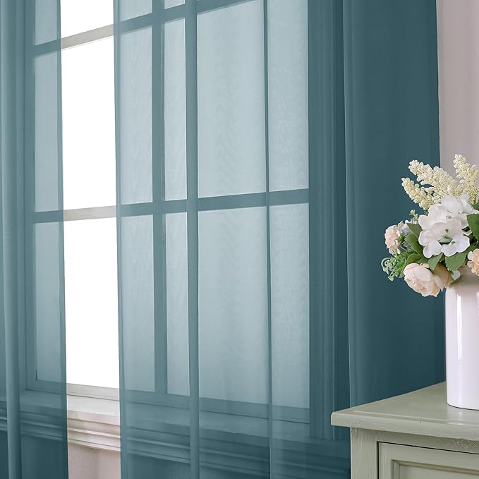 Aiyufeng Dusty Blue Sheer Curtains 45 inches Long, Short Kitchen Window Treatment Solid Sheers Cafe Curtains Bathroom Voile Half Window Curtains 2 Panels, Rod Pocket, 42" Wx45 L