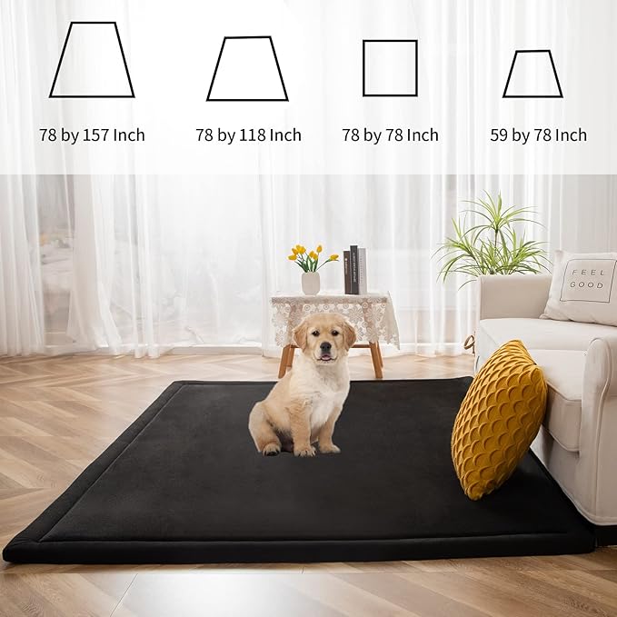 MAXYOYO Black Coral Velvet Area Rug, Thick Japanese Tatami Mat Living Room Carpet with Non-Slip Backing, Large Solid Color Mat for Bedroom Dormitory Yoga, 78 by 118 inch