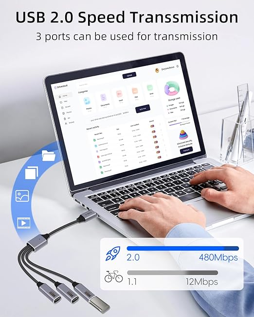 USB C Splitter Cable 3 Port 1 Male to 3 Female,1 in 3 Out USB C Extender Hub Data & Power Charging USB 2.0 Extension Cable for Car,Laptop,Keyboard,Mouse(25CM)