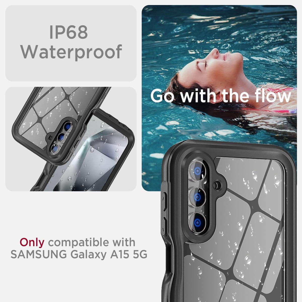 Miimall Waterproof Case for Samsung Galaxy A15 5G, [IP68 Underwater] [14FT Military Dropproof] [Built-in Screen