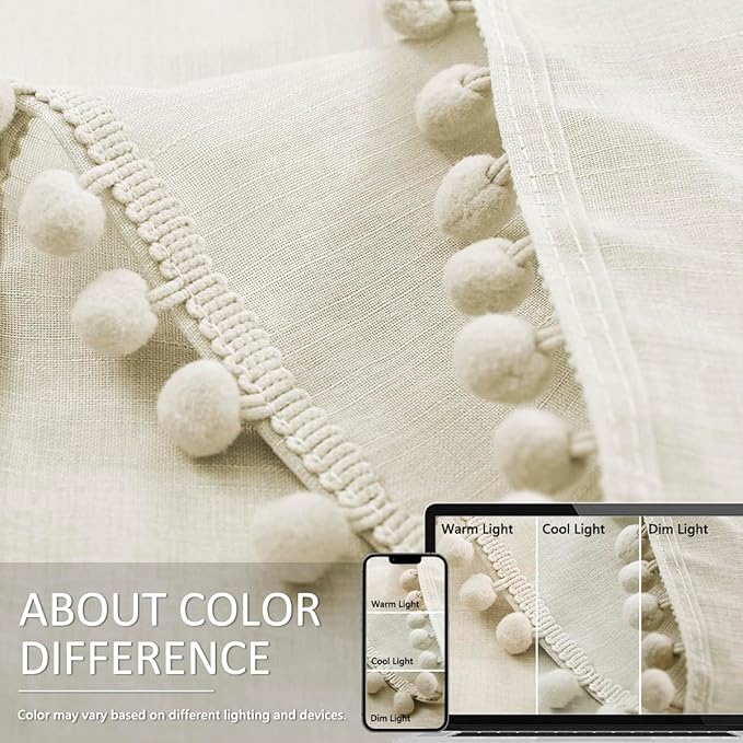 Treatmentex Pom-Pom Polyester Sheer Curtains for Office Outdoor Curtains Bedroom Window Drapes 108 inches Long Rod Pocket Curtain Set for Living Room 2 Pack, Beige