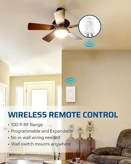 DEWENWILS Wireless Light Switch Kit - No Wiring, 10A/1000W, 100 Ft RF Range, Remote Control for Ceiling Lights, Fans, Lamps