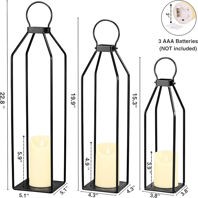 Perfnique Modern Farmhouse Lanterns, Set of 3 Black Metal Lanterns w/ 6hr Timer Flickering Flameless Candles, Decorative for Outdoor Decor, Front Porch, Indoor, Patio, Garden, Fireplace, Christmas