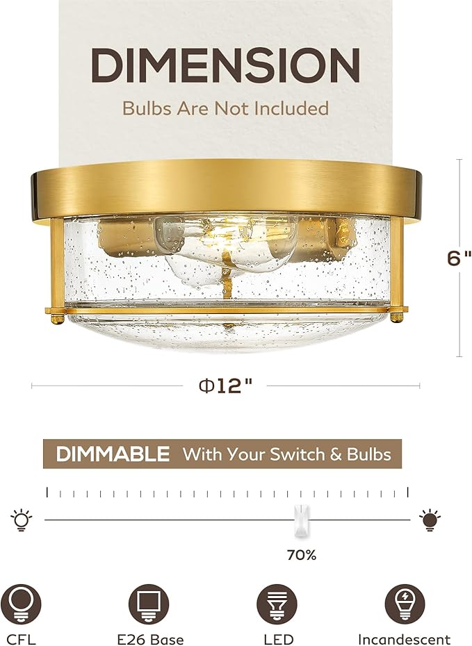 FEMILA 12" Ceiling Light Fixture, 2-Light Flush Mount Light for Bedroom Kitchen Dining Room Hallway Entryway, Brass Gold Finish with Seeded Glass, 4FTJ22-F BG