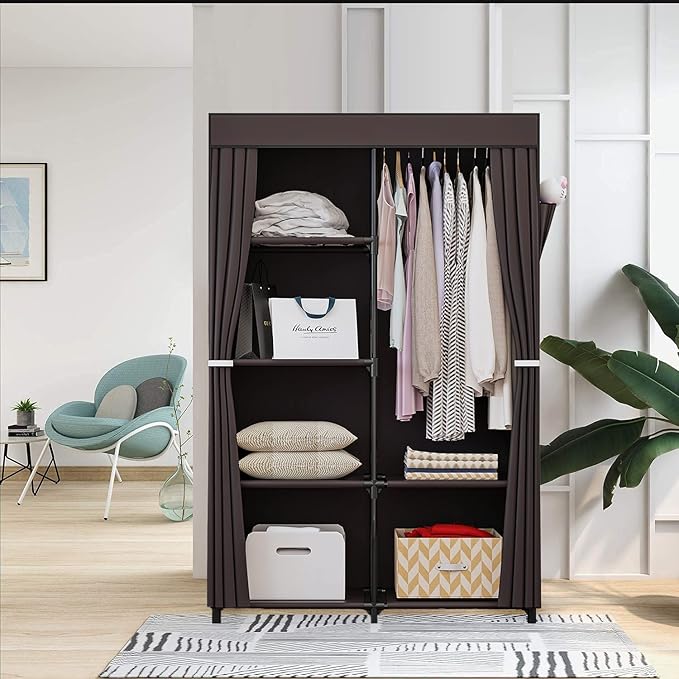 36 Inch Portable Wardrobe Closet Clothes Organizer with Metal Shelves and Dustproof Non-Woven Fabric (Coffee)