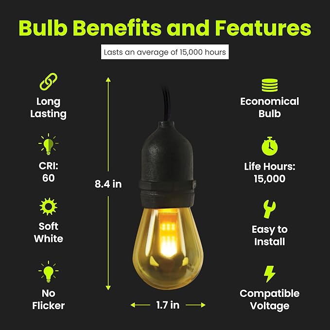 Feit Electric LED String Lights with Flame Bulbs Effect, 12ft Commercial Grade and Shatter Resistant String Lights, 6 Sockets, Linkable, 15,000-Hour Lifetime, SL12-6/FLAME, 7 Bulbs Included