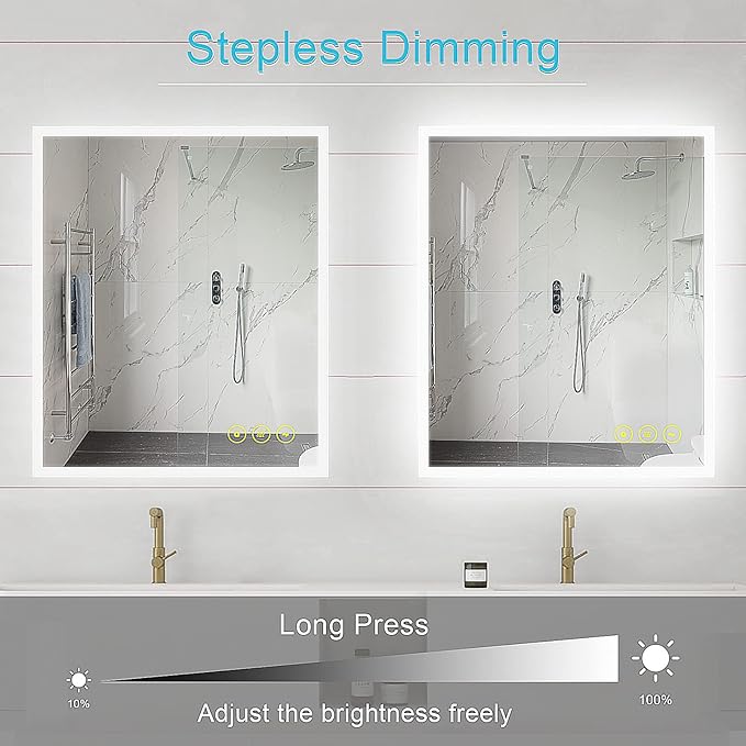 Wall-Mounted LED Square Bathroom Mirror, Makeup Mirror (36 inches x 30 inches,) 3 Color Stepless Dimmable Memory Bathroom Vanity Mirror with Lights CRI90+ 3000~6400K Smart Mirror with Touch
