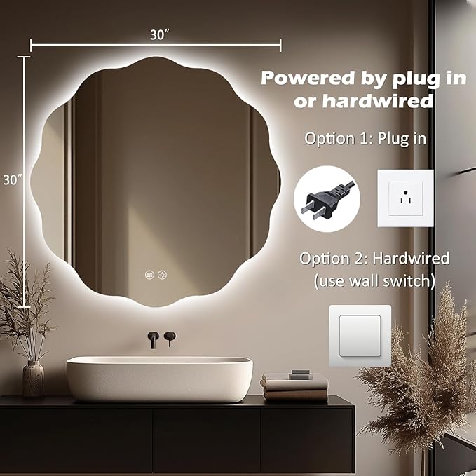 Round LED Bathroom Mirror with Lights 30", Stepless Dimmable Circle LED Mirror with 3 Colors, Anti-Fog, Memory, Frameless Smart Vanity Mirror