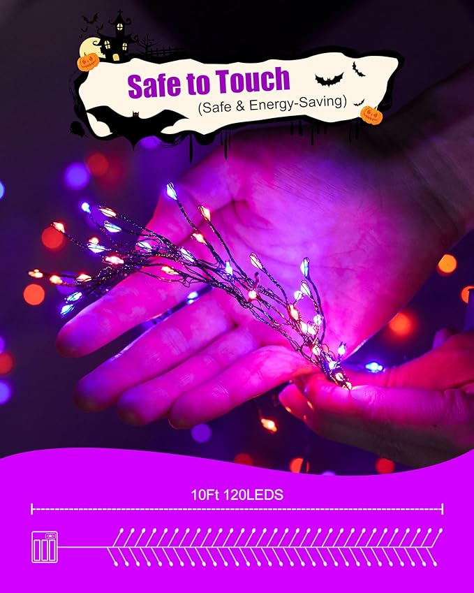 Halloween Fairy Lights Battery Operated, 10 Feet 120LEDs Firecracker String Lights Waterproof Silver Wire Starry Firefly Light for Bedroom Home Haunted House Indoor Outdoor Holiday Decorations, Purple