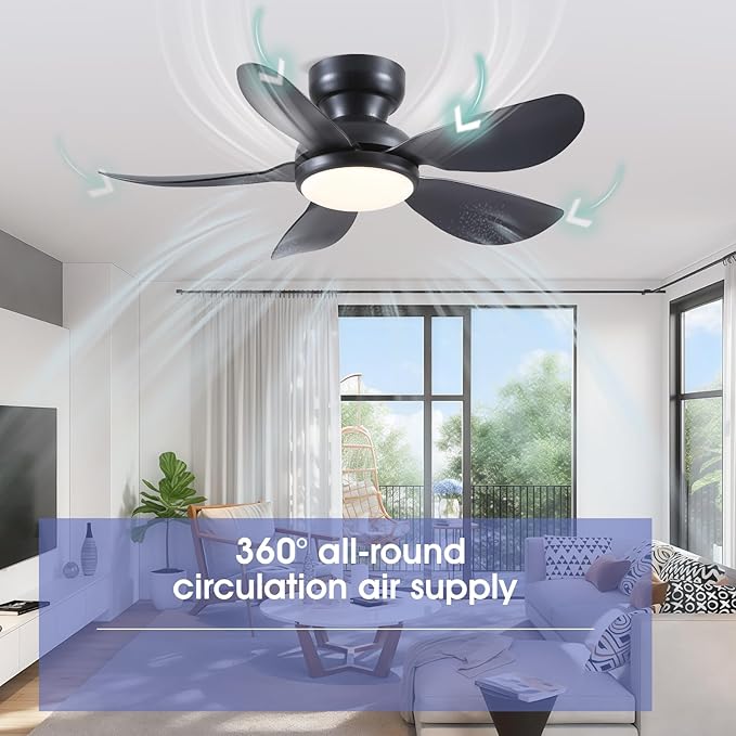 36 Inch Modern Ceiling Fans with Lights, Small Flush Mount Ceiling Fan with Light and Remote/APP Control, 5 Reversible 6 Speeds Curved Blades, 3 CCT Dimmable Lights for Bedroom, Black