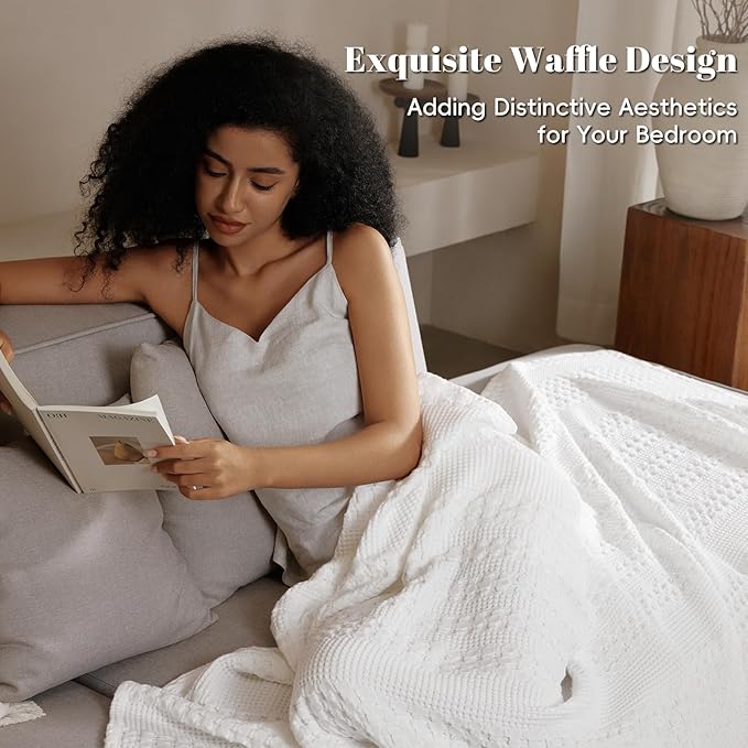 PHF 100% Cotton Waffle Weave Blanket Twin Size for Bed, Soft Lightweight & Breathable, All-Season Comfort, Luxury Aesthetic Woven Bedding for Home Decor, 66"x90", White