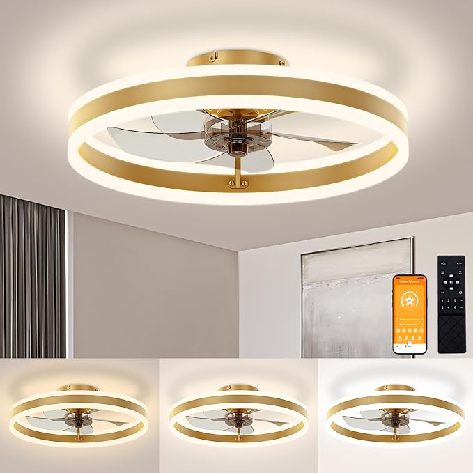 VOLISUN Low Profile Ceiling Fans with Lights and Remote, 19.7in Flush Mount Ceiling Fans with Light, 3000K-6500K Dimmable Fandelier LED Fan Light, Gold Bladeless Ceiling Fans with Lights for Bedroom