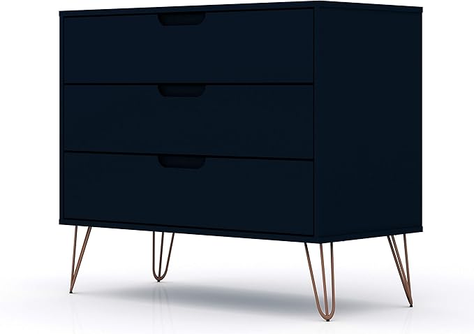 Manhattan Comfort Rockefeller 3 Drawer Dresser for Bedroom Storage, Nursery, Closet, Living Room, Entryway, TV Stand for Screens up to 32 Inches, Anti-Tip Kit Included, Set of 2, Midnight Blue