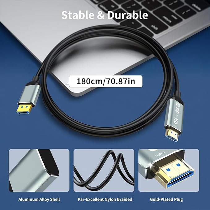 MaxRenard 4K DisplayPort to HDMI Cable | DP1.2 to HDMI 4K 60Hz Audio-Video Sync | SR Anti-Break, Compatible with Dell HP, for HDTV/Monitor/Projector/PC 6FT