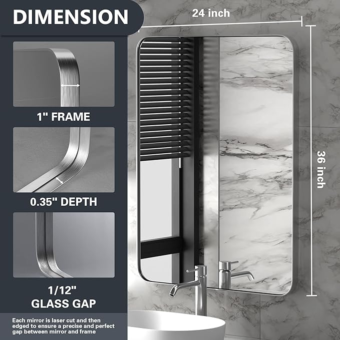 PAIHOME 24x36-Inch Brushed Nickel Bathroom-Vanity-Mirror for Wall - 304 Stainless Steel Silver Frame Bathroom Mirrors, Rectangle Farmhouse Mirror, Vertical Or Horizontal Hanging Modern Mirror