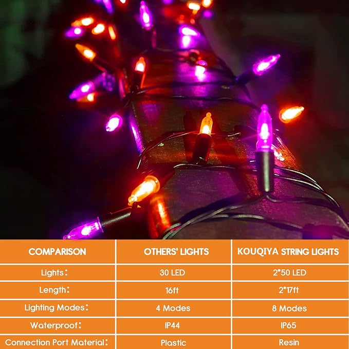 KOUQIYA Battery Halloween Lights, 2 Pack Total 100 LED 17ft Mini String Light with Auto-Timer 8 Modes Waterproof Tree Lights (Orange&Purple, 50 LEDs x 2 Pack)