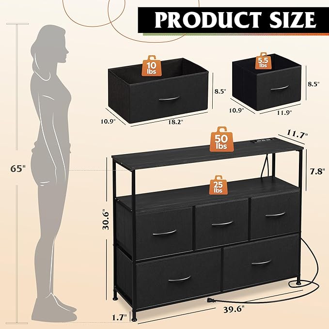 WLIVE Black Dresser for Bedroom, 5 Drawer Dressers with Charging Station, Fabric Chest of Drawers with Open Shelves, Storage Dresser for Living Room, Closet, Entryway