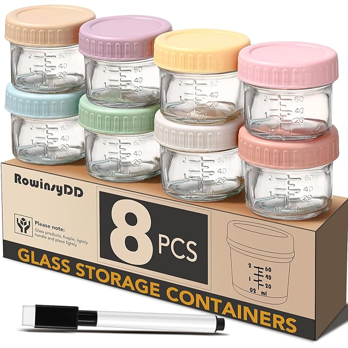 8 Pack Glass Baby Food Storage Containers, 4 oz Leakproof Baby Food Jars with Lids, Small Glass Food Containers for Infant Baby, Freezer Safe