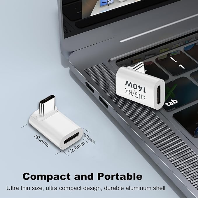 AreMe 90 Degree USB-C Male to Female Adapter, 2 Pack Right Angle 140W Type-C Adapter Extender for Steam Deck, ROG Ally, Switch, Notebook Computers, Tablet and Mobile Phones (White,19.2*12.8*8.2MM)