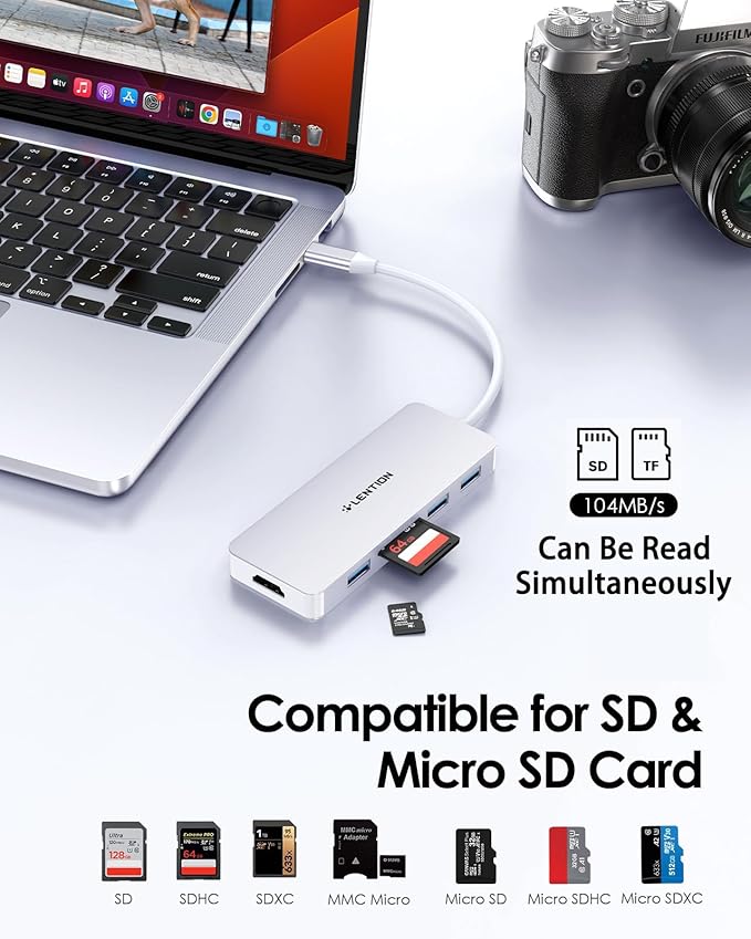 LENTION 5 in 1 USB to USB-C Adapter with Micro SD/SD Card Reader for iPhone, 4K@30Hz HDMI to USB C Hub Multiport Adapater with 3 USB 3.0 Compatible with 2025-2018 MacBook Pro/Air MacBook Neo(Silver)