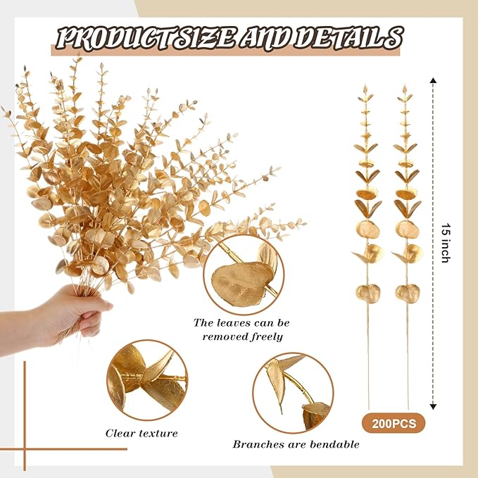 Giegxin 200pcs Artificial Eucalyptus Plant, 15in Gold, for Home Decor, Wedding Centerpiece