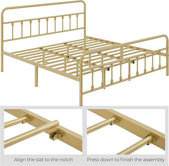 Yaheetech Classic Metal Platform Bed Frame Mattress Foundation with Victorian Style Iron-Art Headboard/Footboard/Under Bed Storage/No Box Spring Needed/King Size Antique Gold