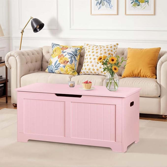 Wooden Storage Chest Box with Flip-top Lid & Safety Hinge, 39.4 Inch Living Room Organizer, Bedroom Bench, Pink