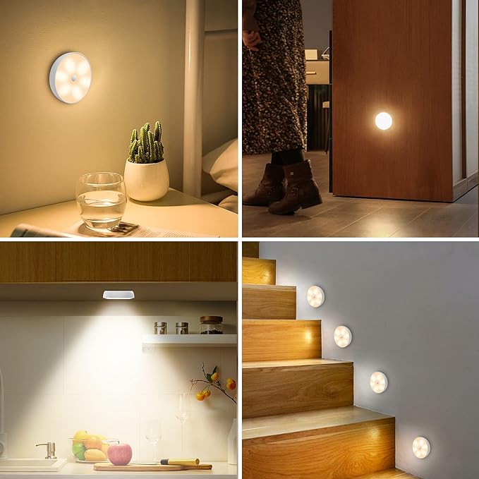 Warm Color LED Closet Lights Motion Sensor Step Light, USB Rechargeable Battery Operated Puck Lights, Dimmable Under Cabinet Counter Lighting for Wardrobe Kitchen (3 Pack)