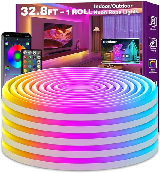 SINLEY Led Neon Rope Lights,Control with App/Remote,Flexible Led Rope Lights,Multiple Modes,IP68 Outdoor RGB Neon Lights Waterproof,Music (32.8FT)