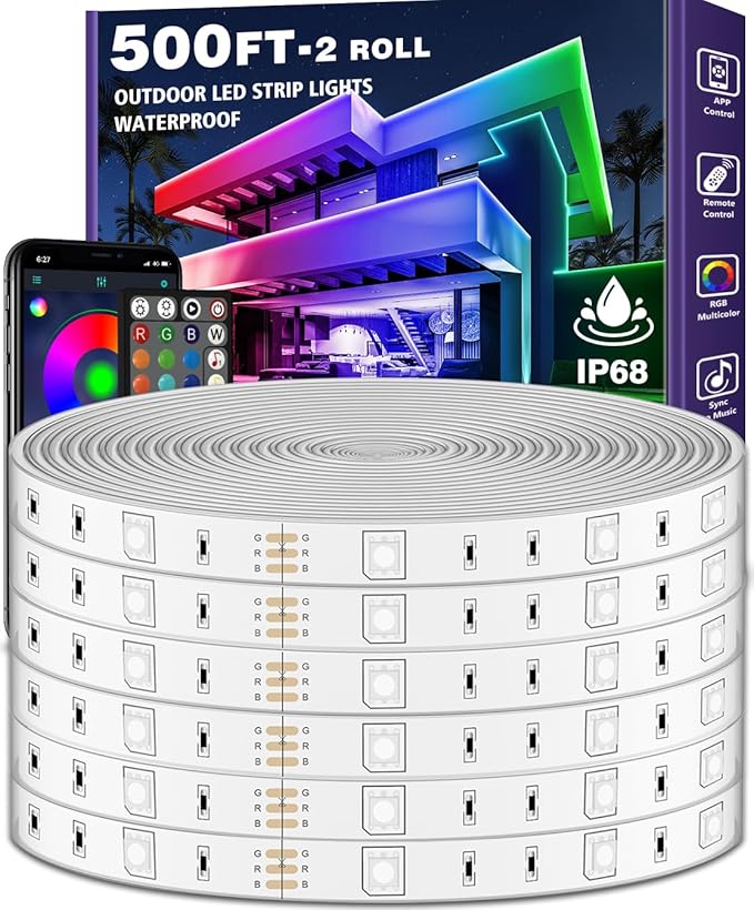 500ft Outdoor LED Strip Lights Waterproof,IP68 Outside Led Light Strips Waterproof with Bluetooth App Remote Control,Music Sync RGB Exterior Led Rope Lights,for Balcony,Deck,Roof,Garden,Pool (500FT)