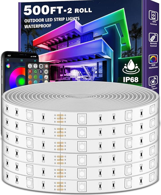 500ft Outdoor LED Strip Lights Waterproof,IP68 Outside Led Light Strips Waterproof with Bluetooth App Remote Control,Music Sync RGB Exterior Led Rope Lights,for Balcony,Deck,Roof,Garden,Pool (500FT)