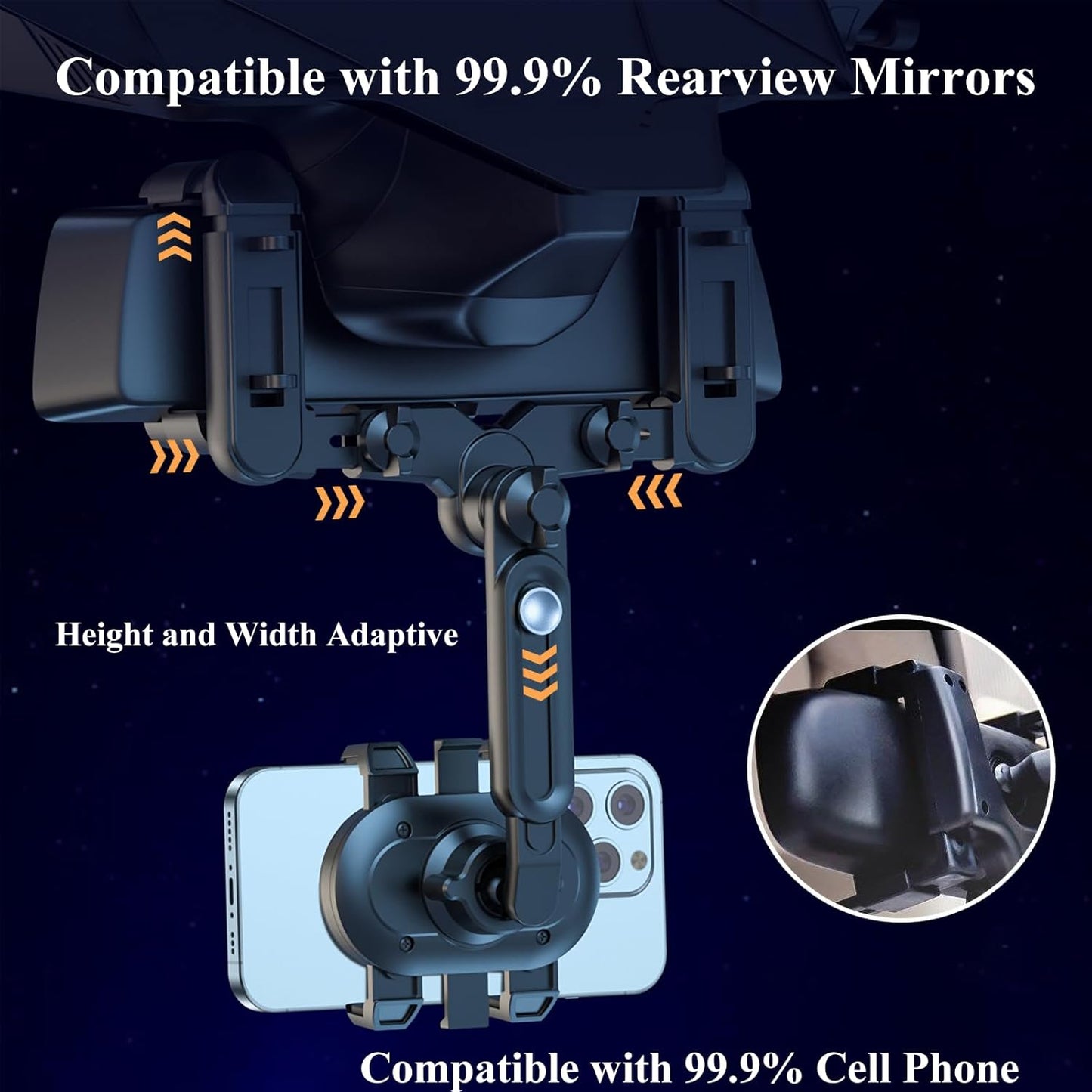 Rear View Mirror Phone Holder - Rotatable and Retractable Mount for iPhone Google Samsung 4-7IN Cell Phones