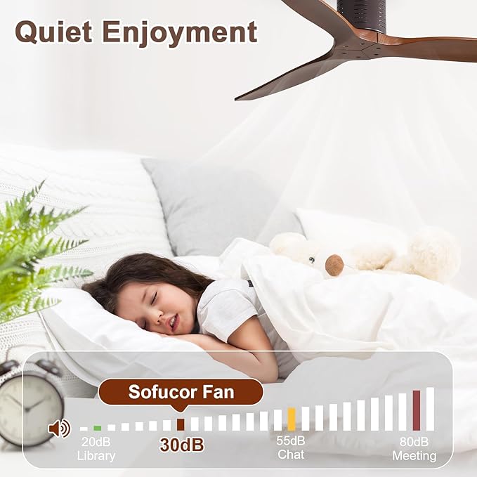 Sofucor 52 Inch Ceiling Fan No Light, Solid Wood Indoor/Outdoor Ceiling Fans Without Lights, Reversible DC Motor, 6 Speed, Flush Mount Ceiling Fans for Bedroom Living Room Farmhouse Patio