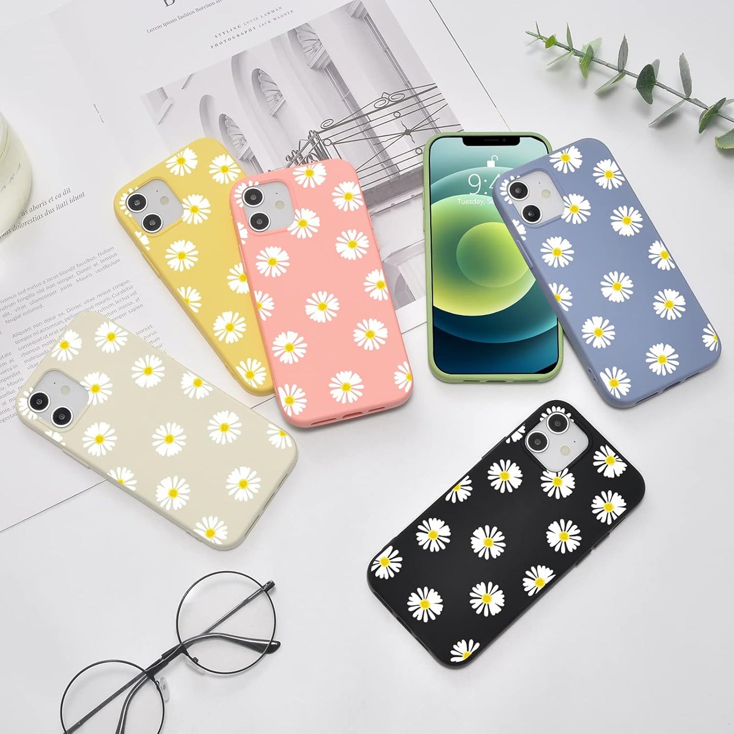 JOYLAND Mustard Green Daisy Flower Phone Case for iPhone 7/8/SE 2020, Soft Liquid Silicone with Microfiber Lining.